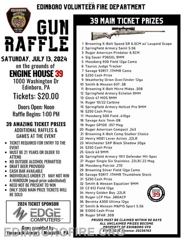 EVFD 2024 Gun Raffle Tickets ON SALE NOW Edinboro Volunteer Fire